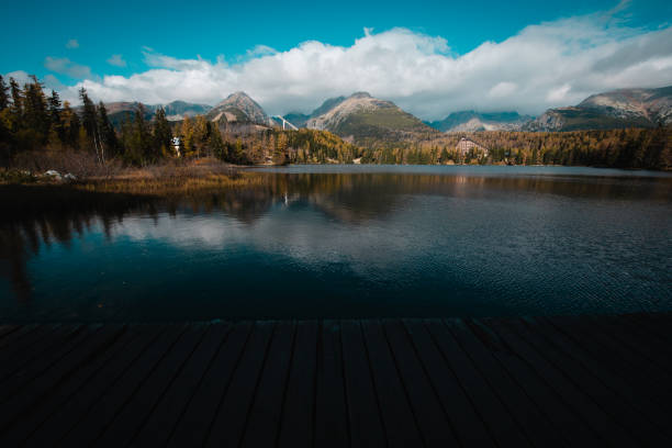 A serene mountain lake surrounded by autumnal forest and towering peaks under a clear blue sky. The calm water reflects the trees and mountains, creating a peaceful and picturesque landscape.