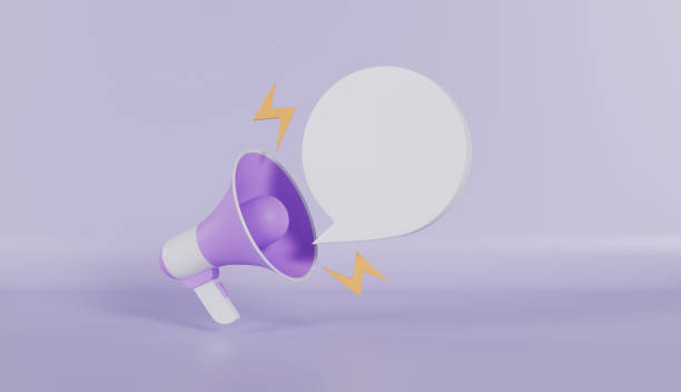 istock 3d megaphone, loudspeaker with speech bubble on purple color background 2182480134