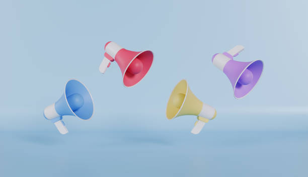 istock Megaphone multi color and loudspeakers on a pastel color background 2182480168