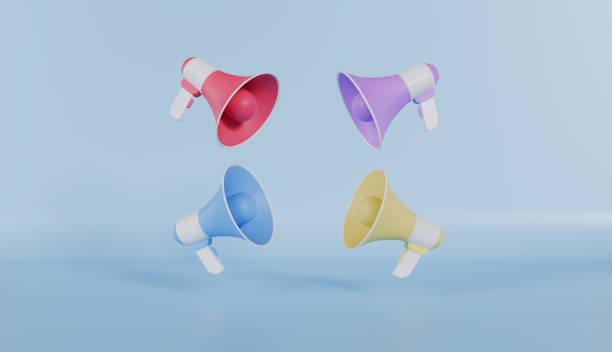 istock Megaphone multi color and loudspeakers on a blue color background 2182480173