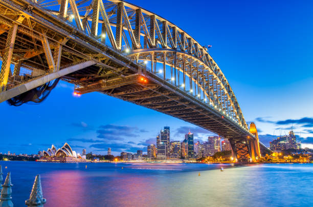istock Illuminated Sydney Harbour Bridge at Night with City Skyline Reflection 2182481586