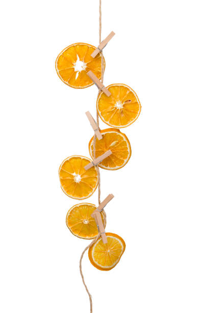 dried oranges hanging on rope isolated on white background