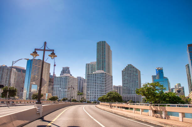 Major freeways through downtown Miami surrounded by the buildings of the financial district as shot from an altitude of about 800 feet during a helicopter photo flight.