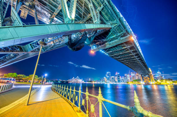 istock Illuminated Sydney Harbour Bridge at Night with City Skyline Reflection 2182482299