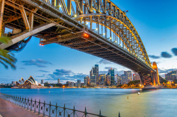 istock Illuminated Sydney Harbour Bridge at Night with City Skyline Reflection 2182483923
