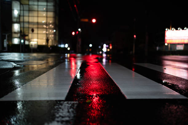 A rainy crosswalk at night