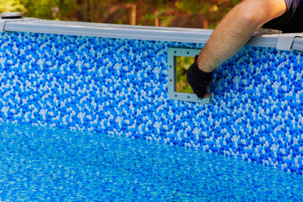 istock Swimming pool maintenance installed on frame skimmer basket collects dirt trash using filtration system water surface cleaning swimming pool a care 2182487186