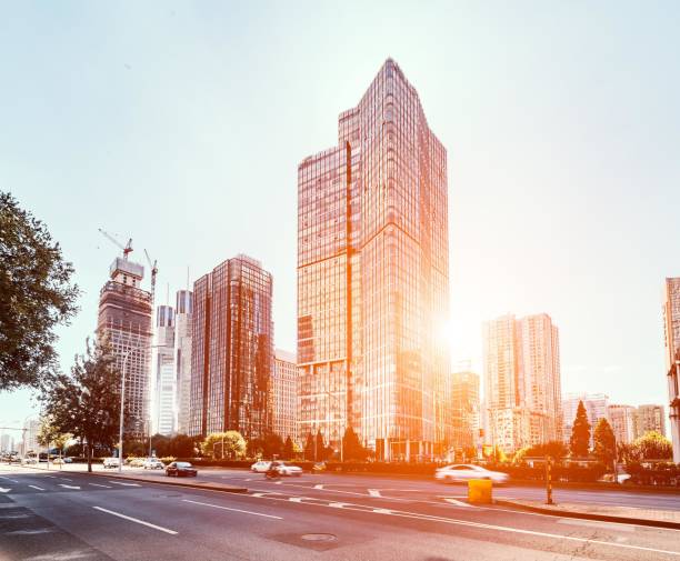 Beijing CBD skyscrapers and busy traffic with motion blur effect