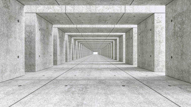 Abstract illuminated empty corridor interior made of gray concrete, 3d illustration