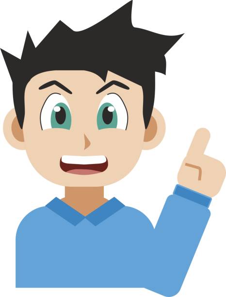 Manga style illustration of a smiling young man pointing up with her index finger isolated on white background Manga style illustration of a smiling young man pointing up with her index finger isolated on white background. Concept, indicating something, showing design elements illustration i di in sign are stock illustrations