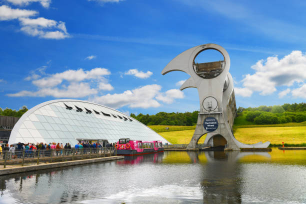 Falkirk, UK-13 June 2024; Boat in boat lift Falkirk Wheel an innovative and unique rotating boat lift connecting the Forth and Clyde Canal with the Union Canal