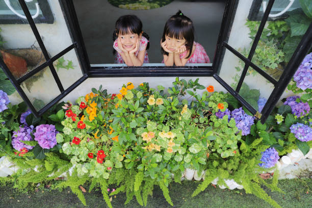 Through the thin black-framed window, you can see two little girls playing inside. Outside the window, there are grass and flowers of various colors decorated, full of spring atmosphere.