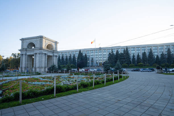Chisinau, Moldova. October 25, 2024.  view of the Arc de Triomphe in the city center