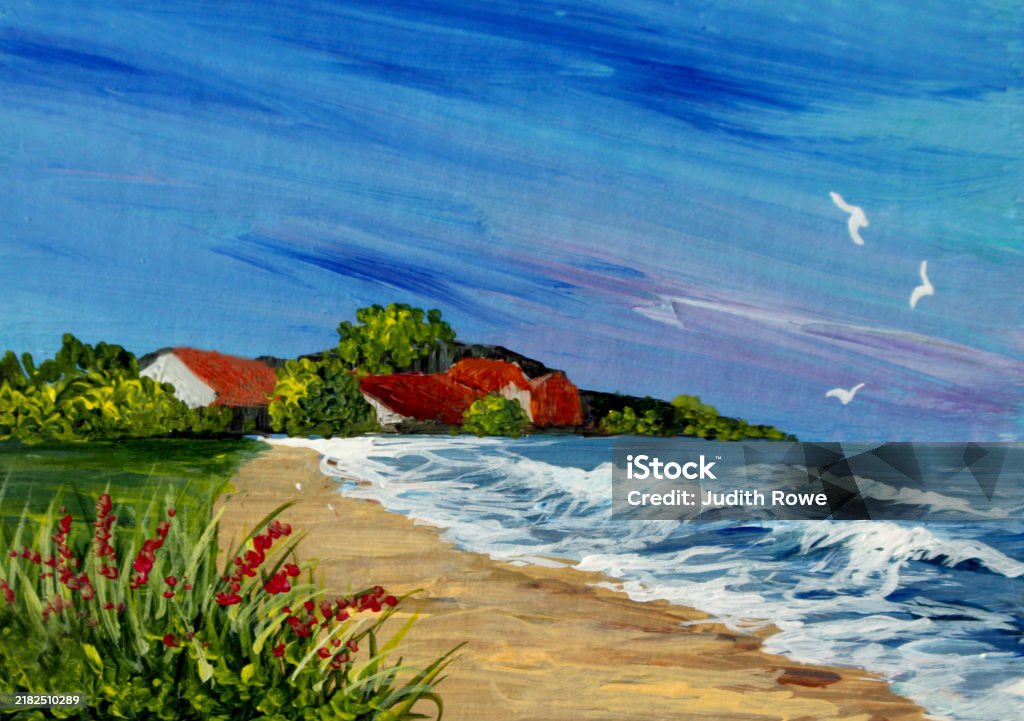 Village by the Sea An original seascape painting of a village by the sea against a blue summer sky Beach stock illustration Village by the Sea An original seascape painting of a village by the sea against a blue summer sky Beach stock illustration