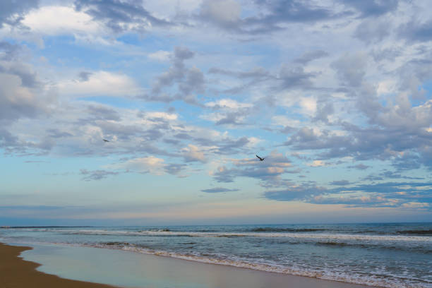 Peaceful beach scene with rolling waves and a wide, cloud-speckled sky.