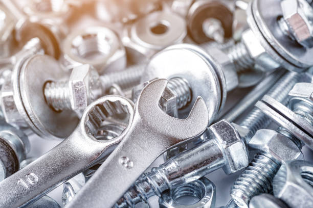 istock Composition with a variety of metal tools.Sockets, tools,spanners and bits.Wrenches on nuts and bolts. Industrial background.Close-up of various screws. Use for background, 2182514634