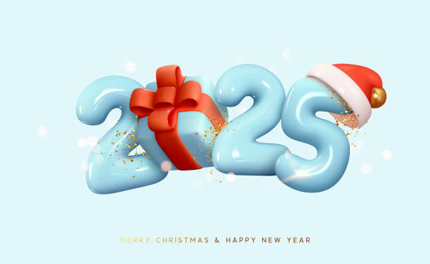 istock Happy New Year 2025 Number. Symbols realistic cartoon 3d render with blue gift box. Christmas decoration. Celebrate party sign 2025. Xmas Poster, banner, cover card, brochure, flyer, layout design 2182516679