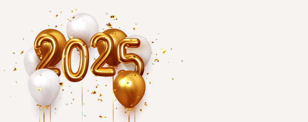 istock Happy New Year 2025. Realistic gold and white balloons. Background design metallic numbers symbols 2025 and helium ballon on ribbon, glitter golden bright confetti. Vector illustration 2182516802