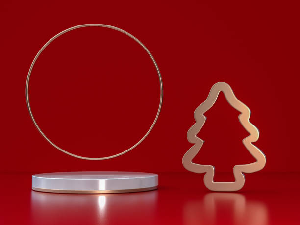istock 3D festive Christmas and New year design with empty podium, Christmas tree and red background, copy space 2182523766