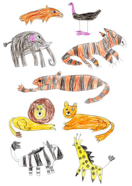istock Hand drawn by colored pencils sketch of cute African animals, isolated on a white background 2182524496