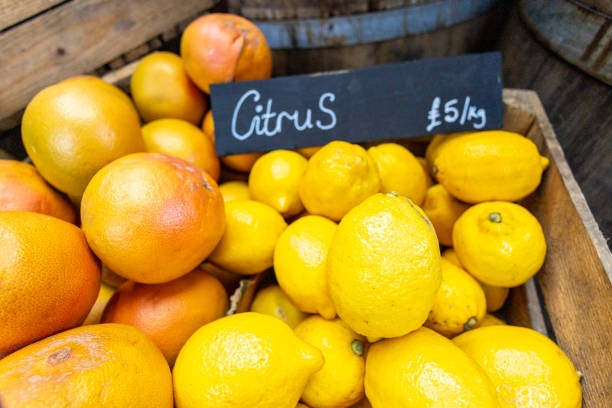 An assortment of citrus lemons and limes in a farmers market stall in Borough Market, London.
