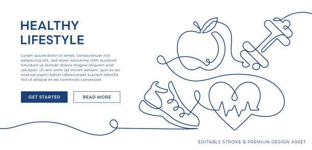 Healthy Lifestyle Illustration. Continuous Line Art of Apple, Dumbbell, Heart, and Running Shoe A continuous line illustration capturing the essence of a healthy lifestyle, featuring an apple, dumbbell, heart, and running shoe. Suitable for wellness content, fitness blogs, and lifestyle improvement programs. pics for heart shape design stock illustrations