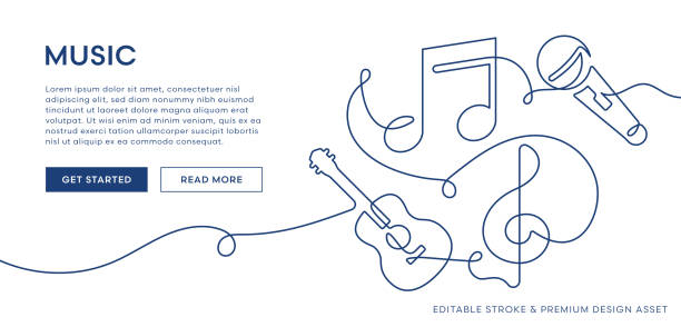 illustrazioni stock, clip art, cartoni animati e icone di tendenza di illustrazione musicale. continuous line art di microfono, chitarra e note musicali - musica