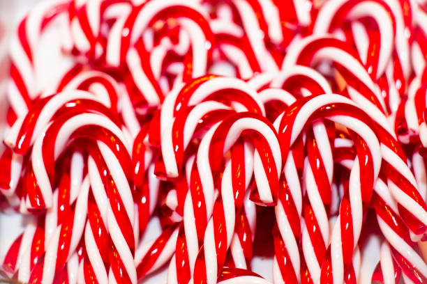 Close-up of a pile of sweet candy canes.