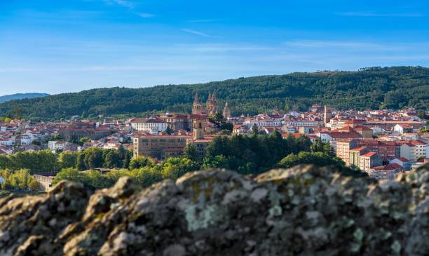 Panorama view of Santiago de Compostela as seen form the Parque de la Alameda park, with the towers of the cathedral to be recognized.
