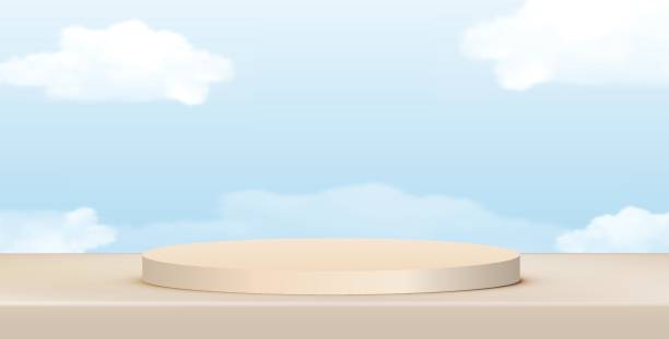 istock Abstract luxury stand podium 3D cylinder design with sky and cloud natural. Minimal studio showroom concept presentation for products display, fashion showcase, banner cosmetic. Vector geometric 2182561124