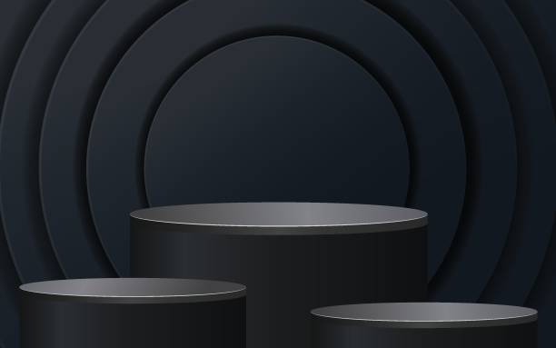 istock Abstract black pedestal podium 3D design and dark background. Minimal studio showroom concept presentation for product display, fashion showcase, banner cosmetic, promotion. Vector geometric 2182561135