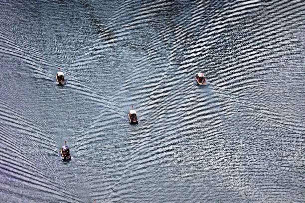 Busy Li river's waterway.China,Guilin,Yangshuo county.Beautiful Lijiang River,is the world's largest and most beautiful karst landscape scenic resort.It's the most beautiful landscape waterway has about 15 km.