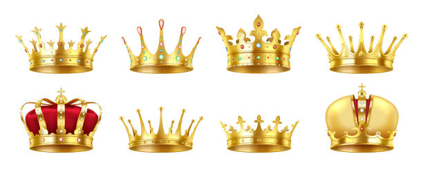 Luxury golden crowns with gemstones realistic vector illustration set. Collection of royal jewelry for kings and queens 3d models on white