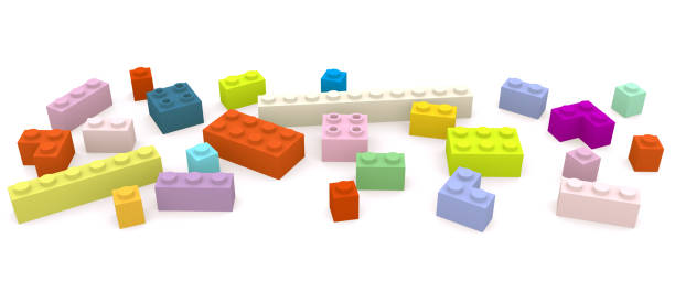 istock Colored details of a toy children's constructor randomly scattered on a white surface. 3d illustration. 2182585326