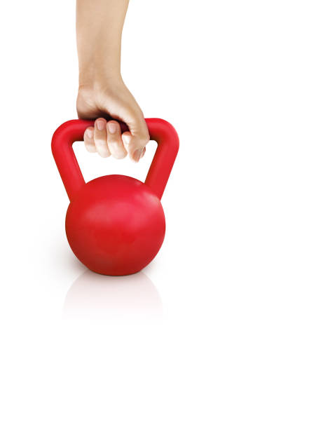 istock Female hand holding red dumbbell isolated on white background. 2182588494