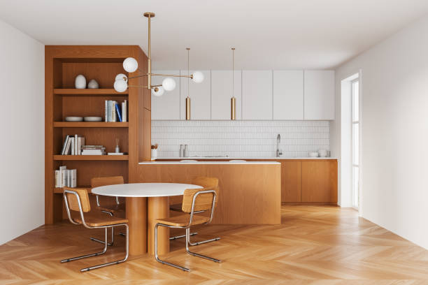 istock Home kitchen interior with eating table, bar counter and cabinet with shelves 2182597410