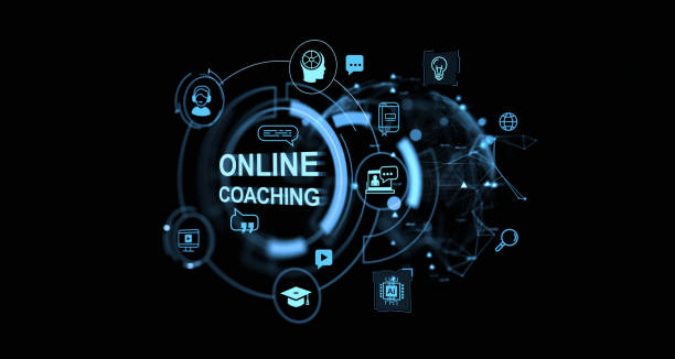 istock Online coaching icons virtual hud screen, business training 2182598193