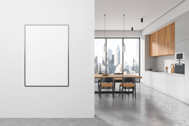 istock Luxury kitchen interior with eating and cooking space, window. Mockup frame 2182598315