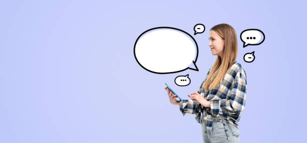 istock Woman holding phone with speech bubbles on light blue background 2182598704