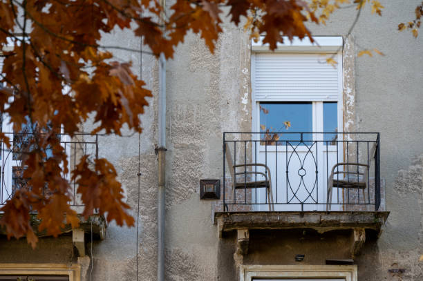 Apartment balconies with metal railings are illuminated by sunlight, with an autumn tree adding color to the scene. The mix of outdoor furniture and personal items reflects the lived-in feel of an urban residential area.