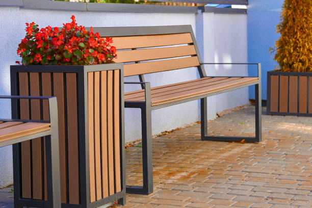 istock Street rectangular flower vase. benches for rest, wooden inserts 2182619769