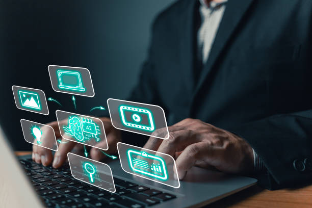istock Man touch icon ai and use laptop, Marketers education, research, analyze media video streaming content creation and online marketing strategies to grow their digital business. Ai concept. 2182623740