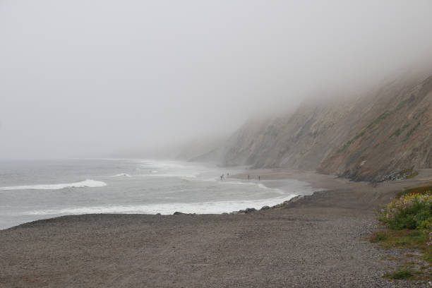 Thick fog at the Salk Creek Beach in Dana Point, Orange County, Southern California, aerial view