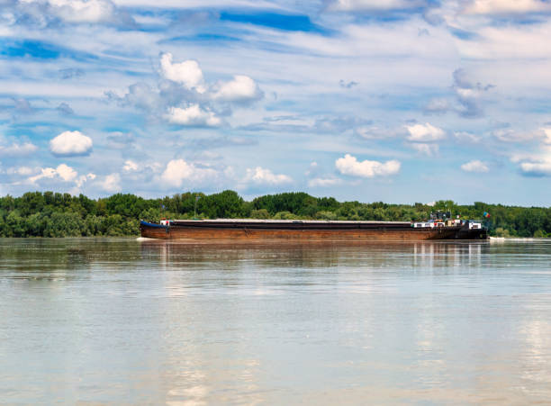 Barge transport shipping on Sava river, Belgrade, Serbia.