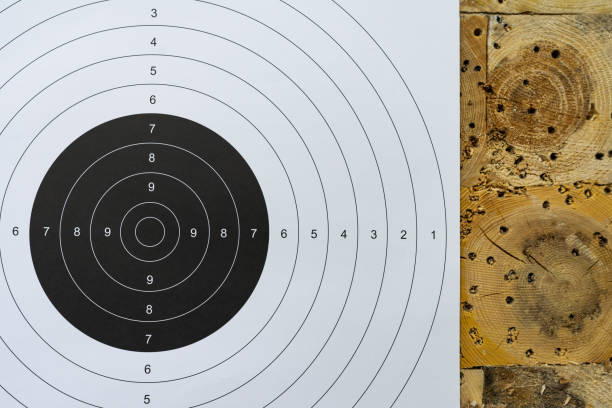 istock Shooting range, classic target for shooting on a wooden bullet trap wall. 2182631068