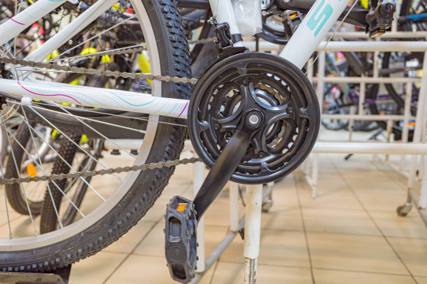 istock bicycle crankset with speeds in bike shop 2182632550