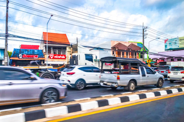 Phuket,Thailand-May 6th 2024:View of busy route 402 expressway ,heavy traffic near Royal Phuket Marina ,
