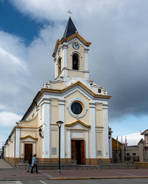 Exterior of and entrance to the Sacred Heart Cathedral Cathedral (Catedral del Sagrado Corazón) aka Punta Arenas Cathedral, a Roman Catholic cathedral opposite Plaza de Armas Muñoz Gamero in the centre of the Chilean city.