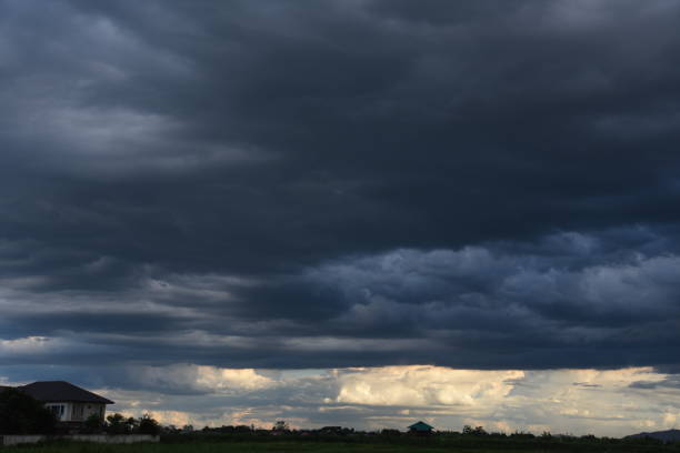 Dramatic dark storm rain clouds black sky background. Dark thunderstorm clouds rainny atmosphere. Meteorology danger windstorm disasters climate. Dark cloudscape storm disaster gloomy gray cloud sky