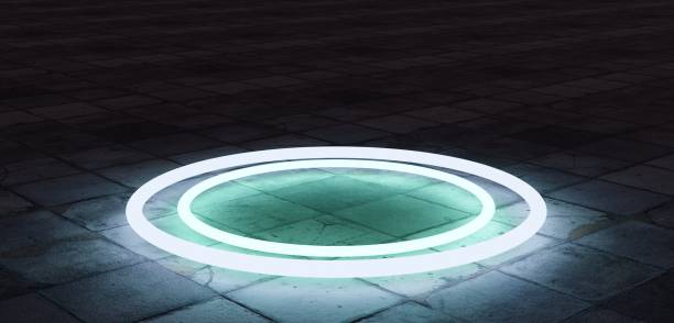 istock Light circle, light ring, floor and laser bar, neon lights, 3D illustration 2182659509